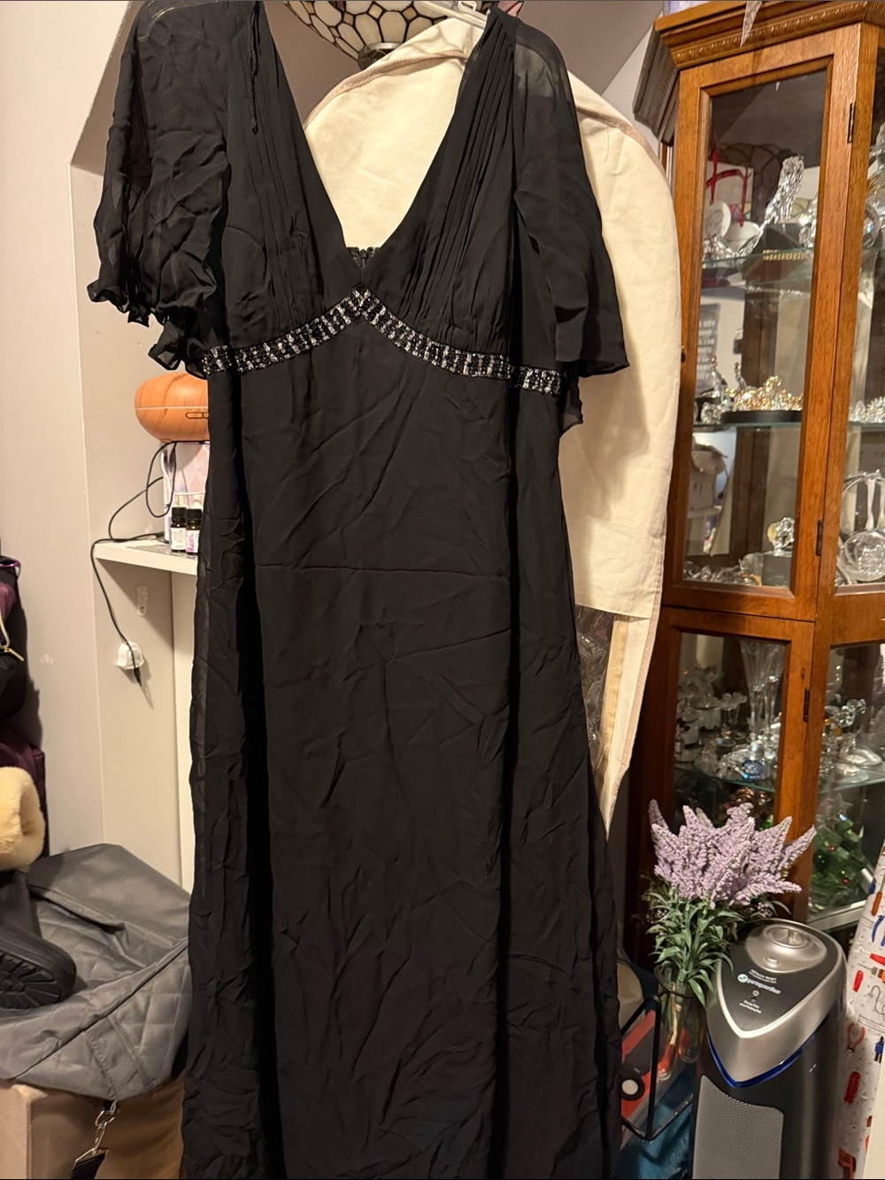 Adrianna Papell Black Beaded Empire Waist Maxi Dress